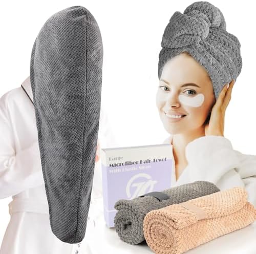 FREATECH 2-Pack Large Microfiber Hair Towel with Elastic Band