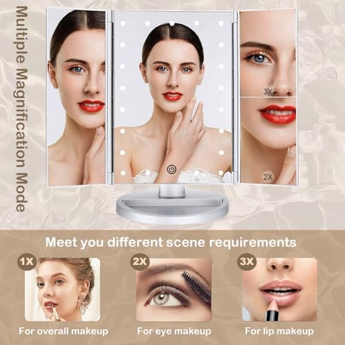 Flymiro Tri-Fold Lighted Vanity Mirror with 3X2X Magnification