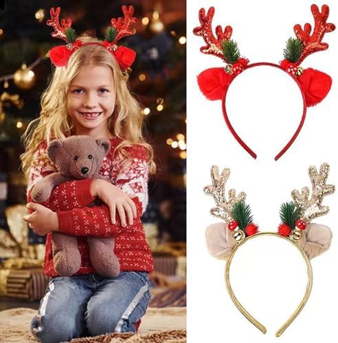 Christmas Red Headband with Elk Antlers and Bells