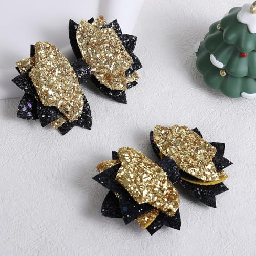 Glitter Gold-Black Hair Bow Clips for Graduation and School