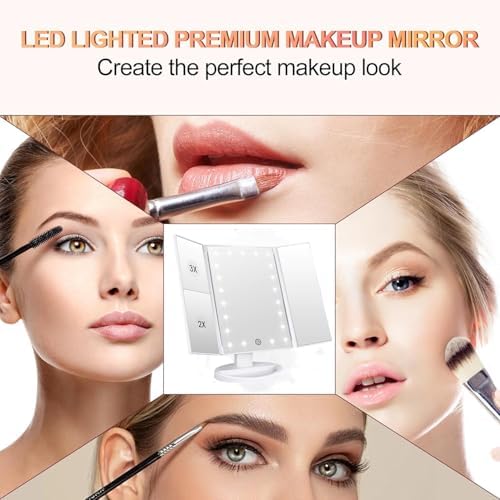 Flymiro Tri-Fold Lighted Vanity Mirror with 3X2X Magnification