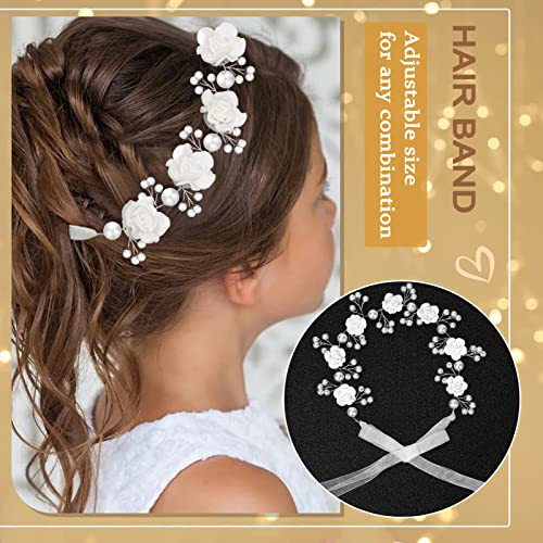 Tanfeine Princess Headband with Pearls and White Flowers for Girls First Communion