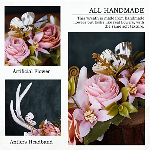 MOSTORY White Antler Headband with Flower Crown for Women Girls