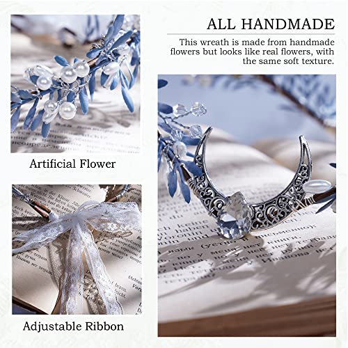 MOSTORY Handmade Silver Moon Crown with Rhinestone Flowers