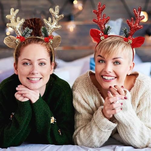 Christmas Red Headband with Elk Antlers and Bells
