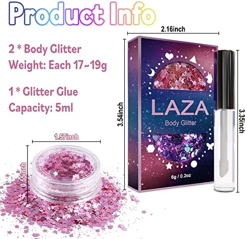 Laza Body Glitter - 2 Jars Pink Iridescent Sequins with Glitter Glue