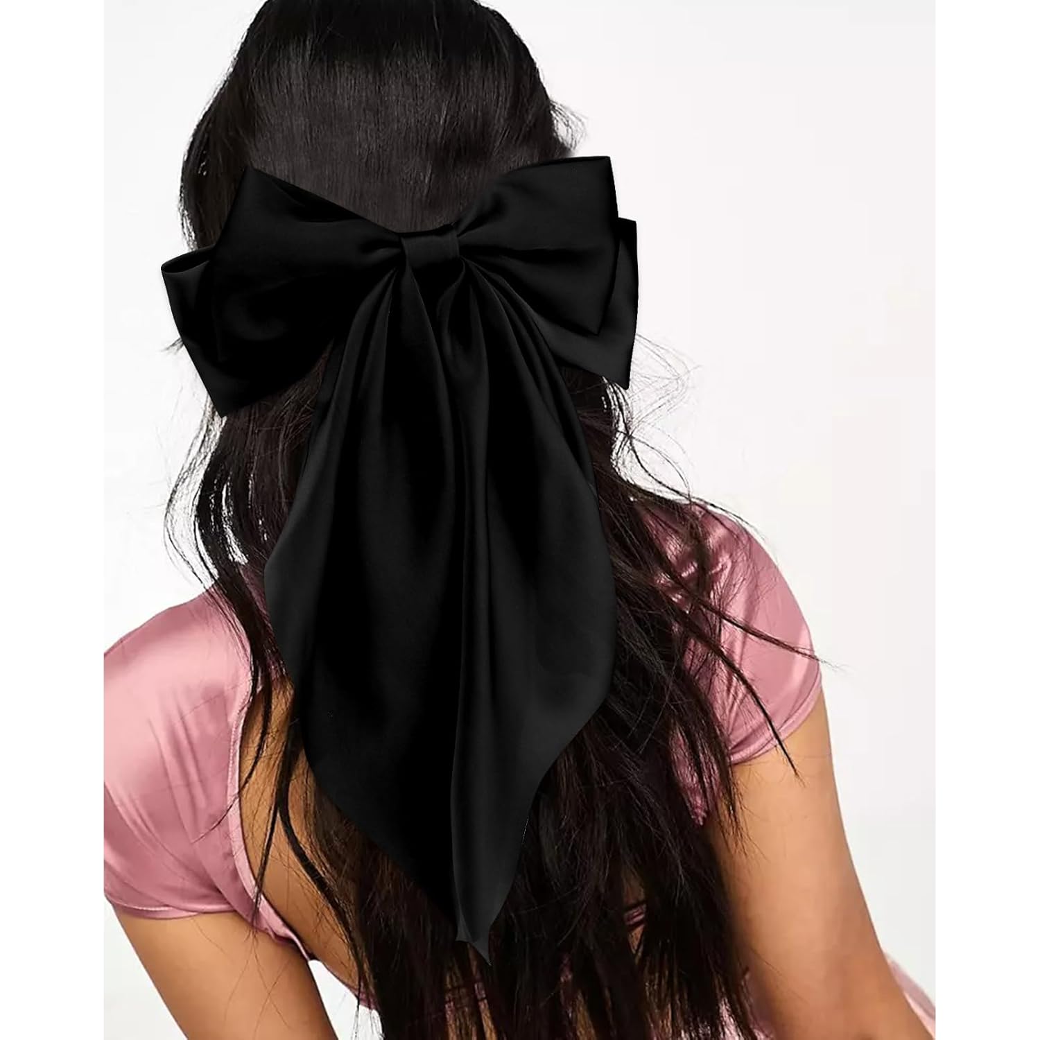 VELSCRUN 3Pcs Silky Satin Hair Bows and Barrettes in White Black Dark Blue