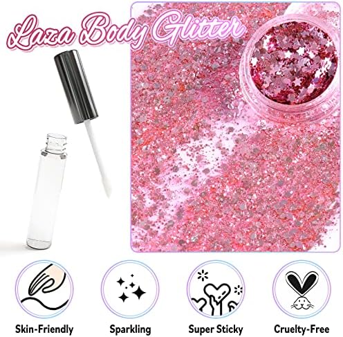 Laza Body Glitter - 2 Jars Pink Iridescent Sequins with Glitter Glue