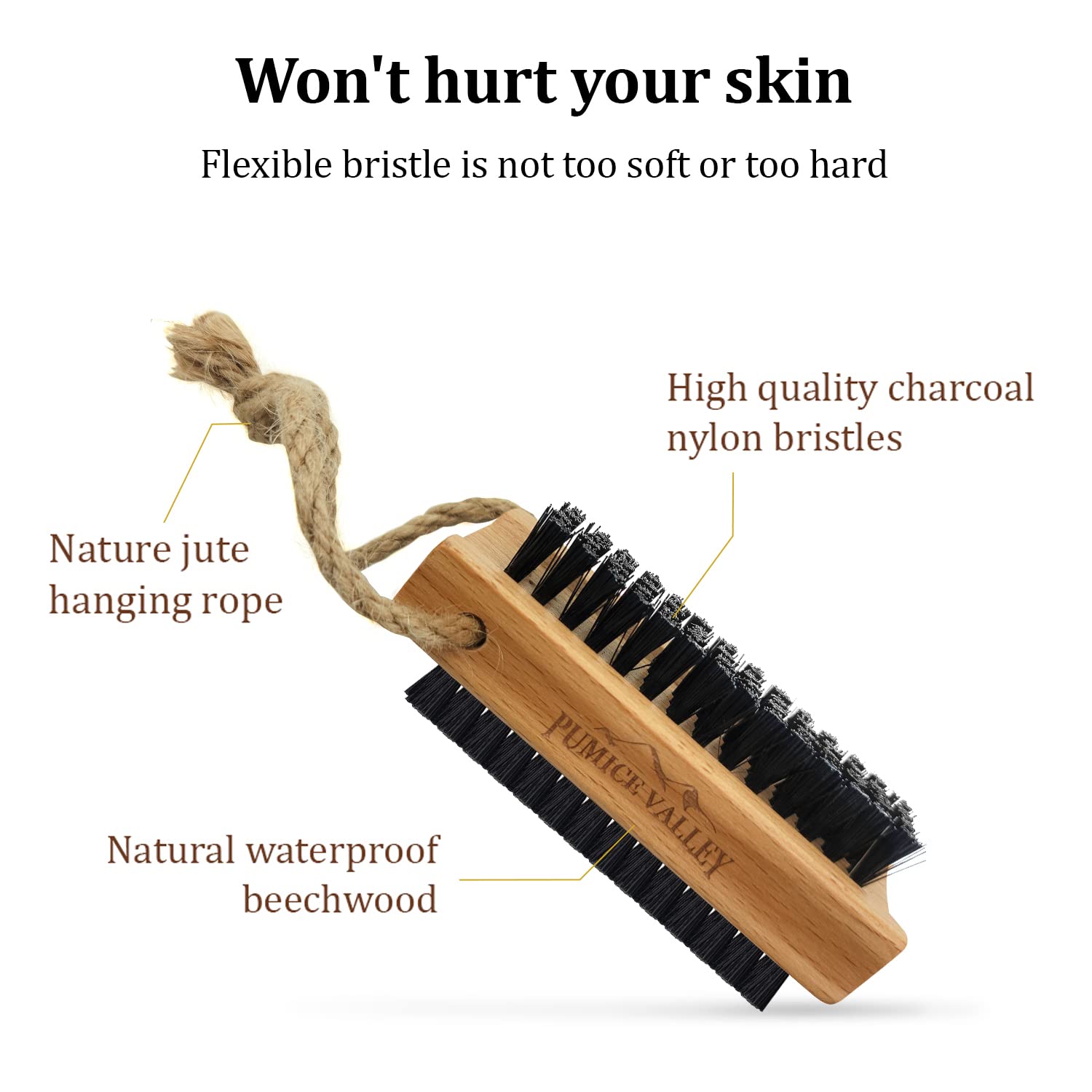 Wooden Nail Brush with Charcoal Bristles - Double-Sided for Fingernails Toes