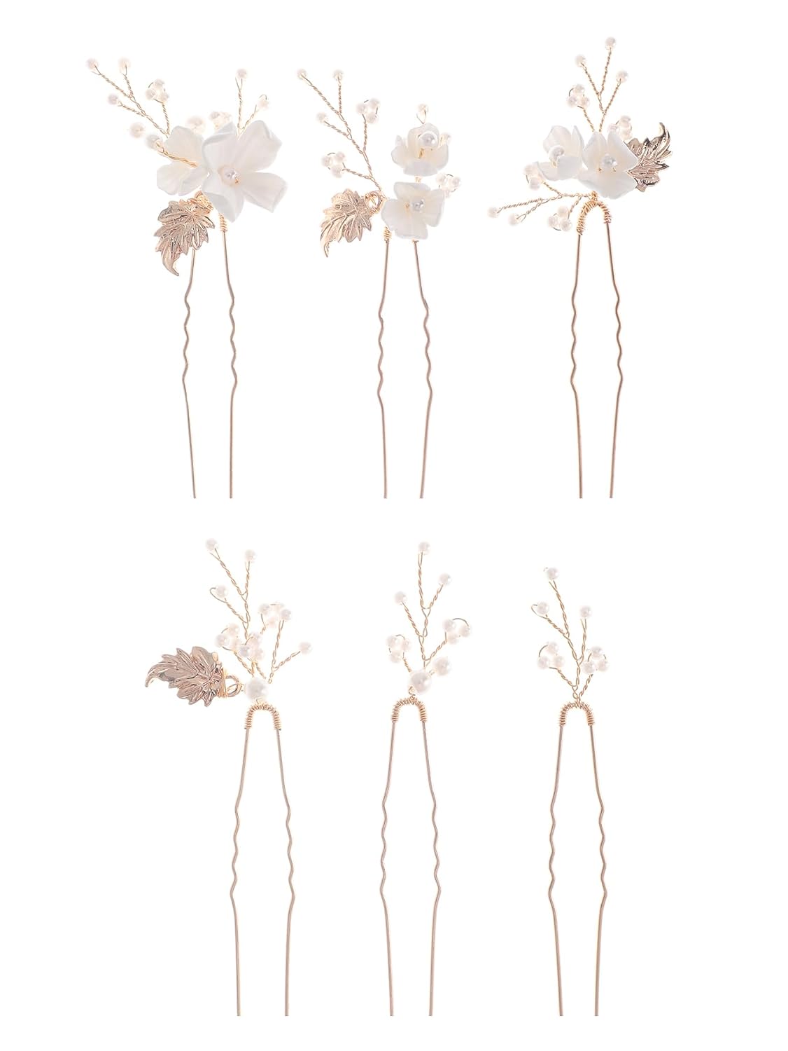 Handmade Pearl Hair Clips 6Pcs Gold Leaf Wedding Accessories