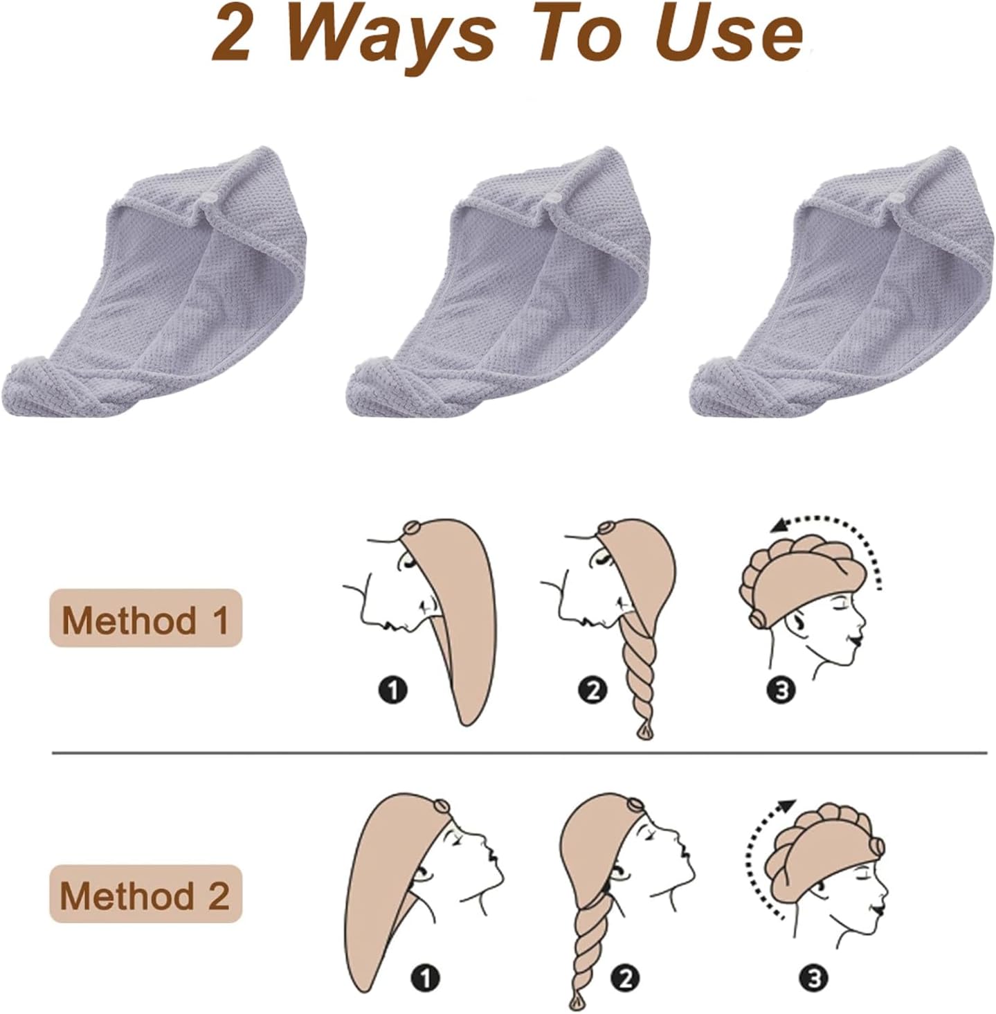 Kldnkig Microfiber Hair Towel Wrap 3 Pack Gray