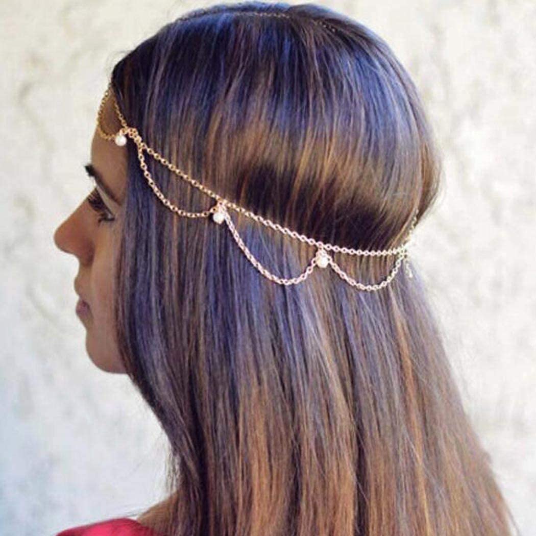 Blindery Gold Pearl Boho Headband Hair Chain