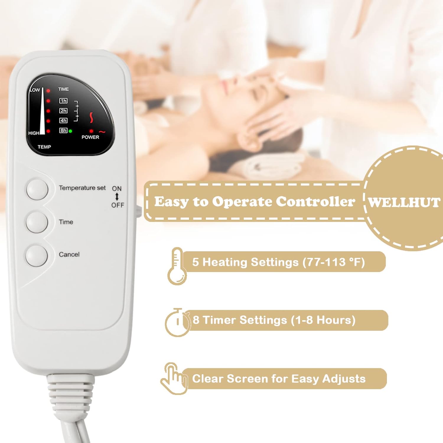 WELLHUT Heated Massage Table Pad with 5 Heat Levels and 8 Timer Settings