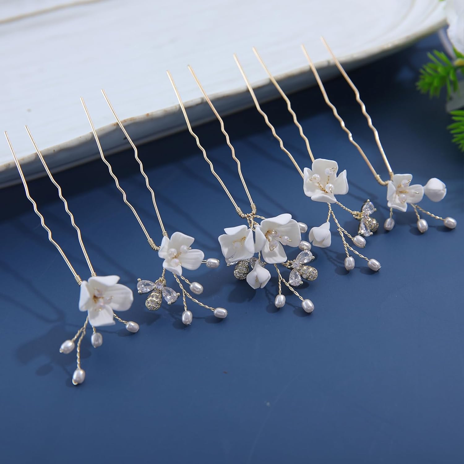 Handmade Wedding Hair Pins 5Pcs White Flower Zircon Pearl Clips
