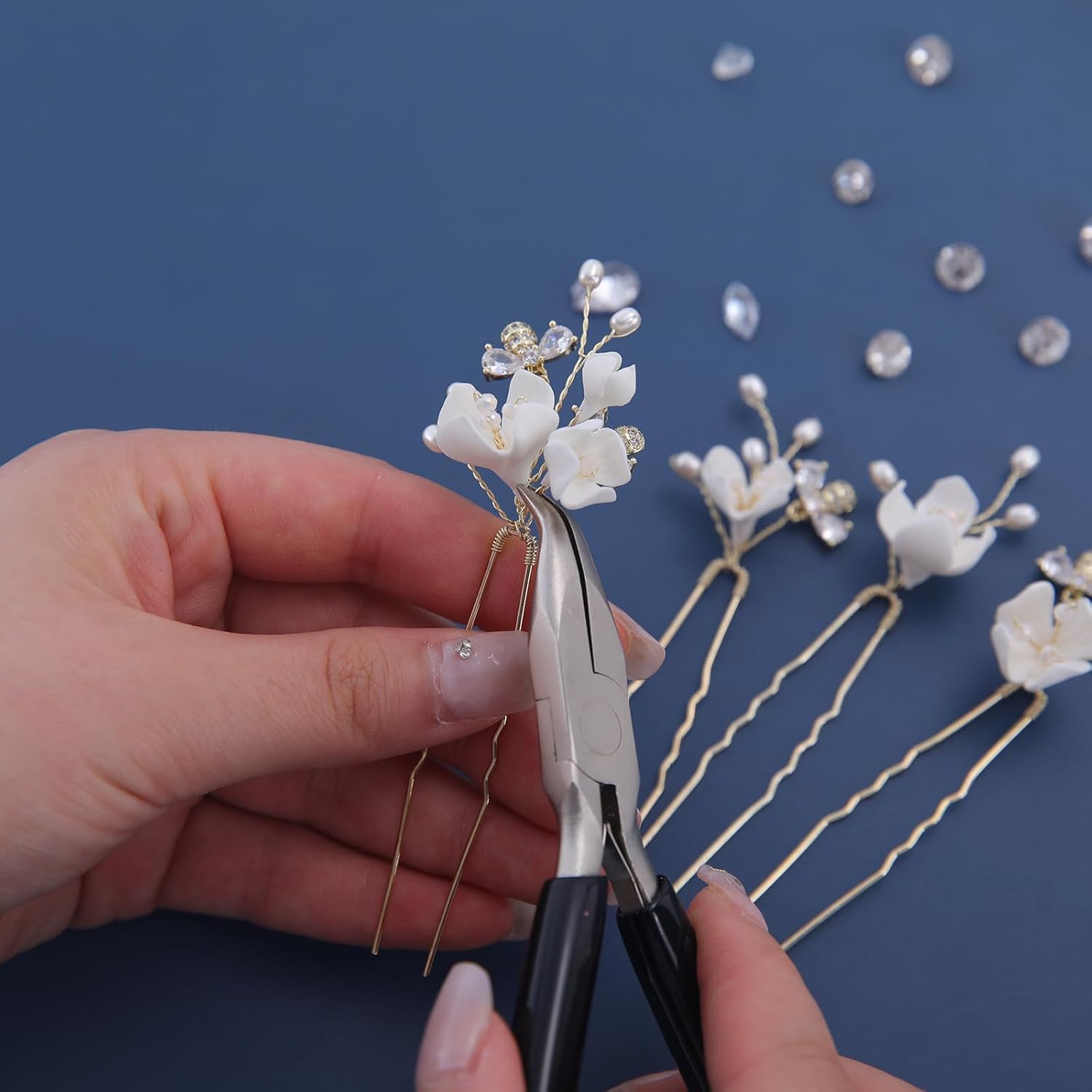 Handmade Wedding Hair Pins 5Pcs White Flower Zircon Pearl Clips