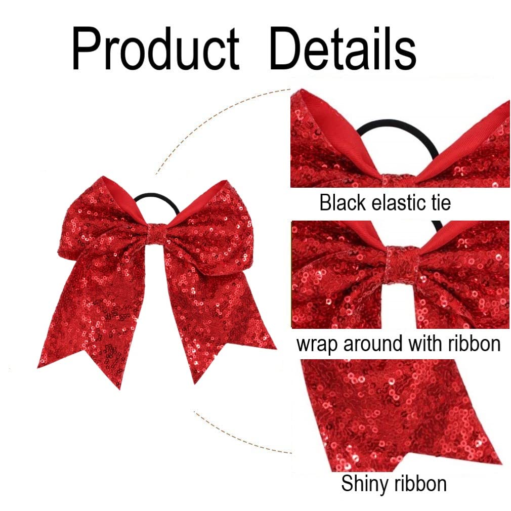 2 PCS 7 Inch Red Sequin Cheer Hair Bows for Teen Girls