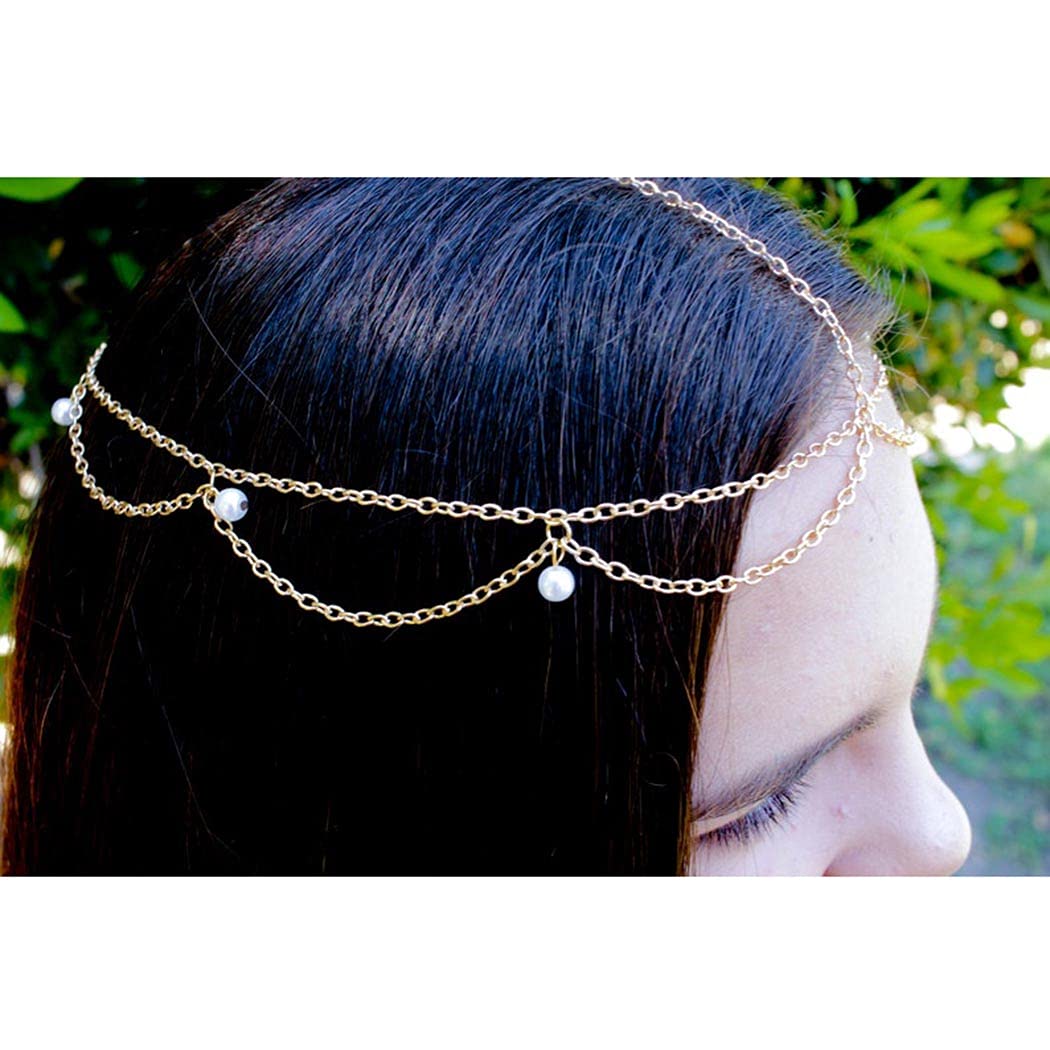 Blindery Gold Pearl Boho Headband Hair Chain