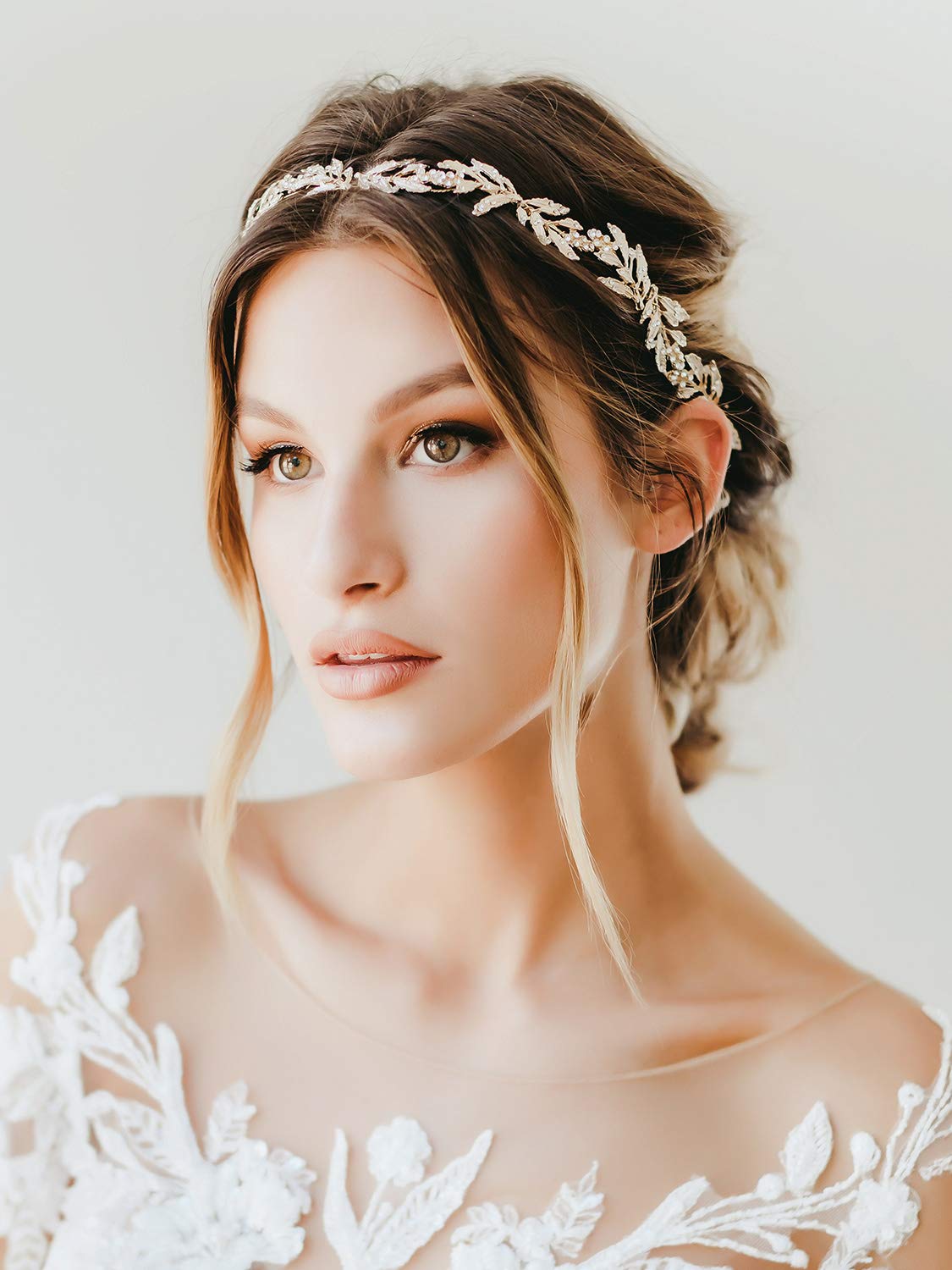SWEETV Leaf Bridal Headband with Rhinestones