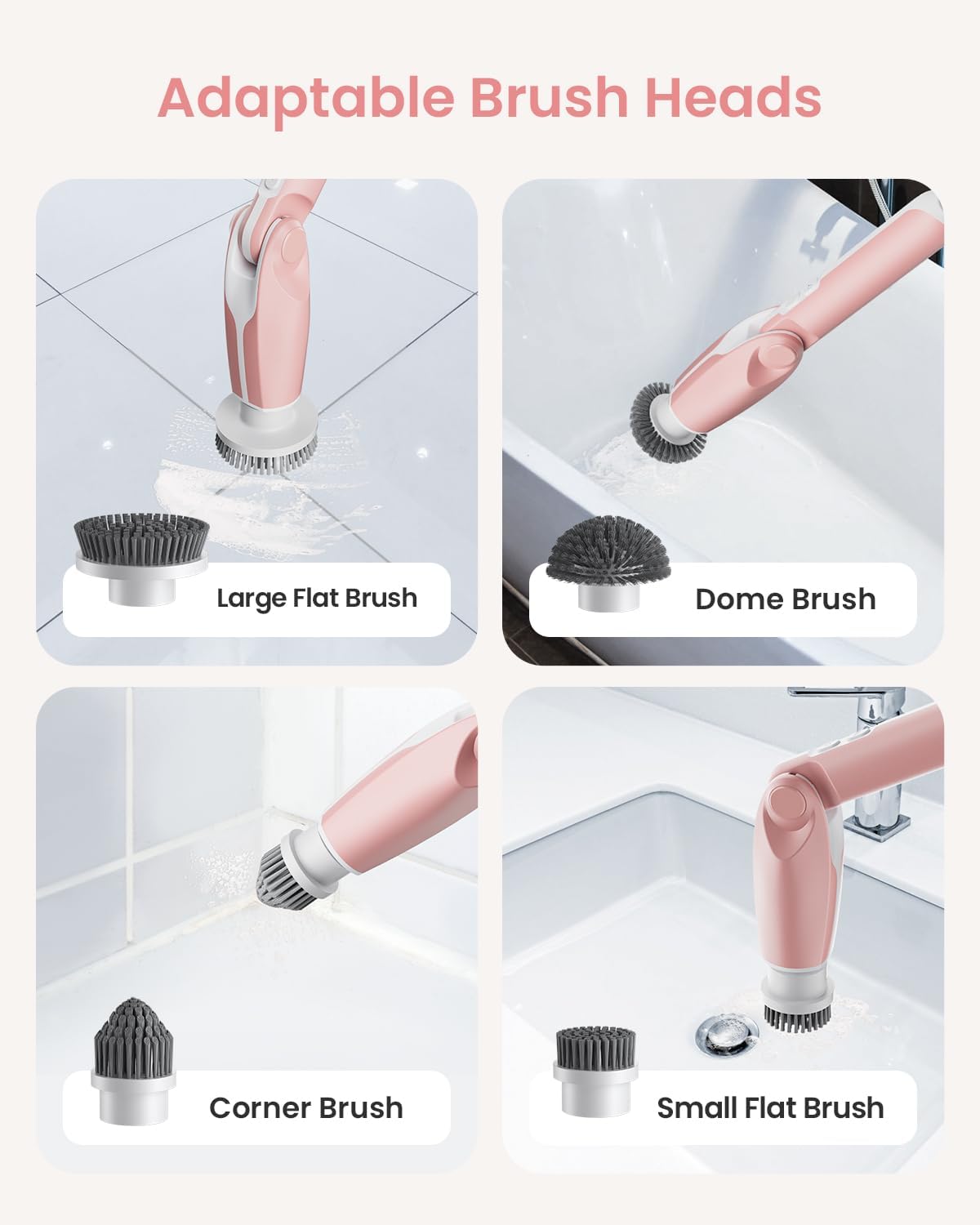 Leebein Electric Spin Scrubber with 4 Angles Remote Control - 8 Brush Heads Pink