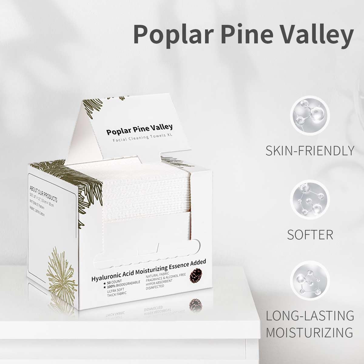 Poplar Pine Valley Hyaluronic Acid Facial Cleaning Towels 50 Ct