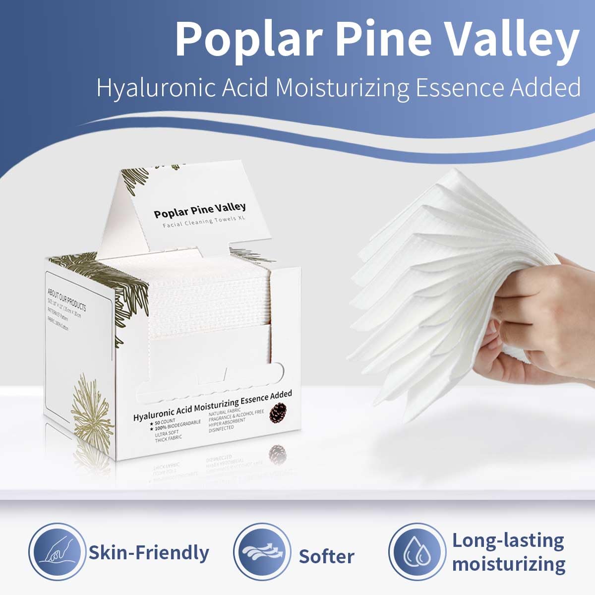 Poplar Pine Valley Hyaluronic Acid Facial Cleaning Towels 50 Ct