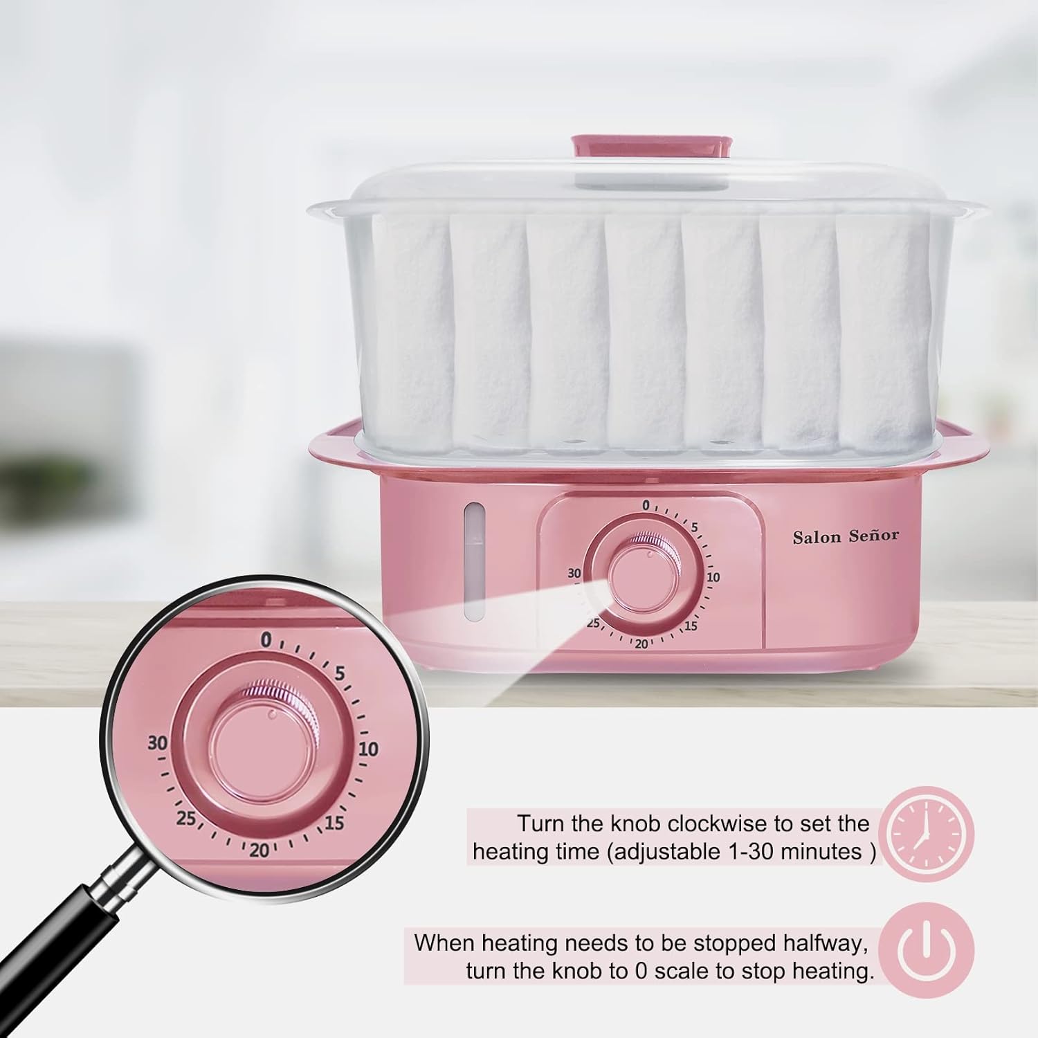Pink Towel Steamer with Auto Off Timer for Home Spa Use