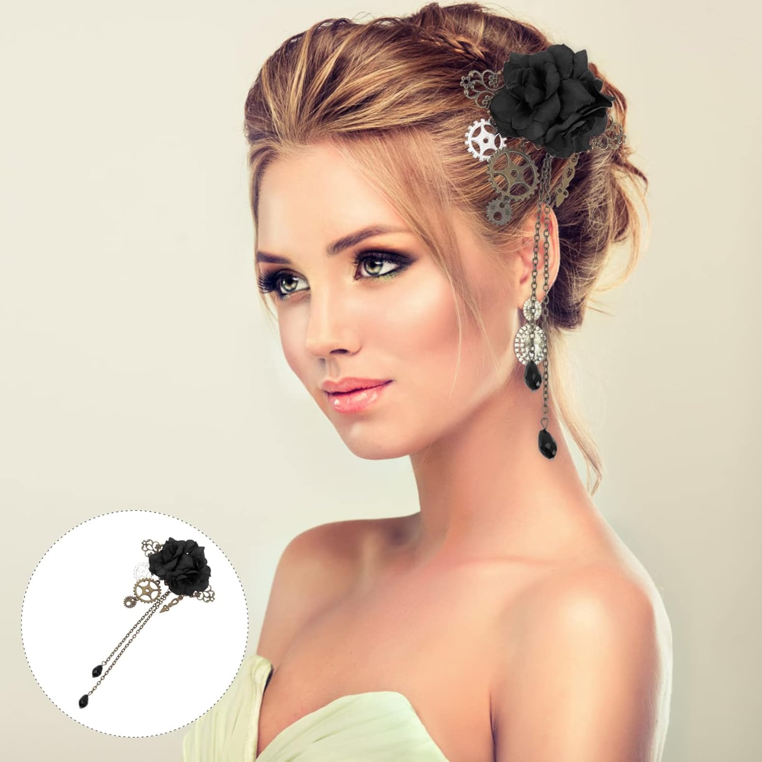 Beaupretty Steampunk Tassel Hair Clips with Rose and Chain Design