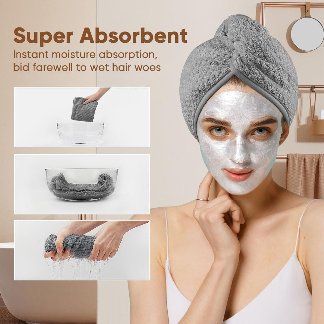 HOMEXCEL Microfiber Hair Towel Wrap 2 Pack Grey