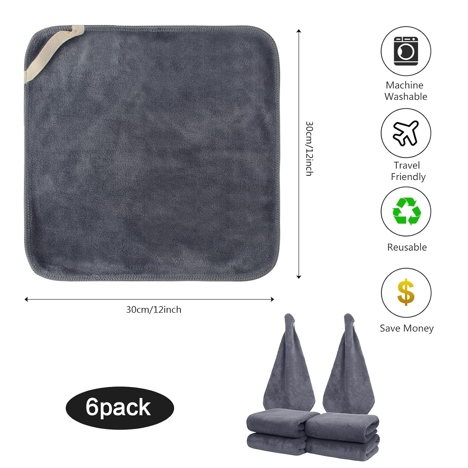 SINLAND Microfiber Facial Cloths 6 Pack Grey 12x12 Inch