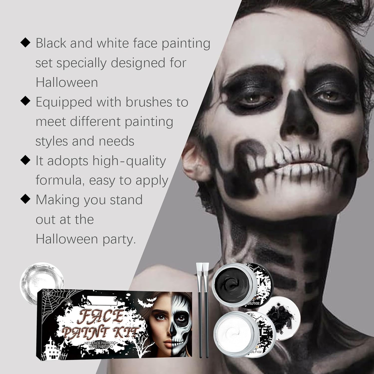 Halloween Face Paint Kit - Black White Full Coverage Cosplay Makeup