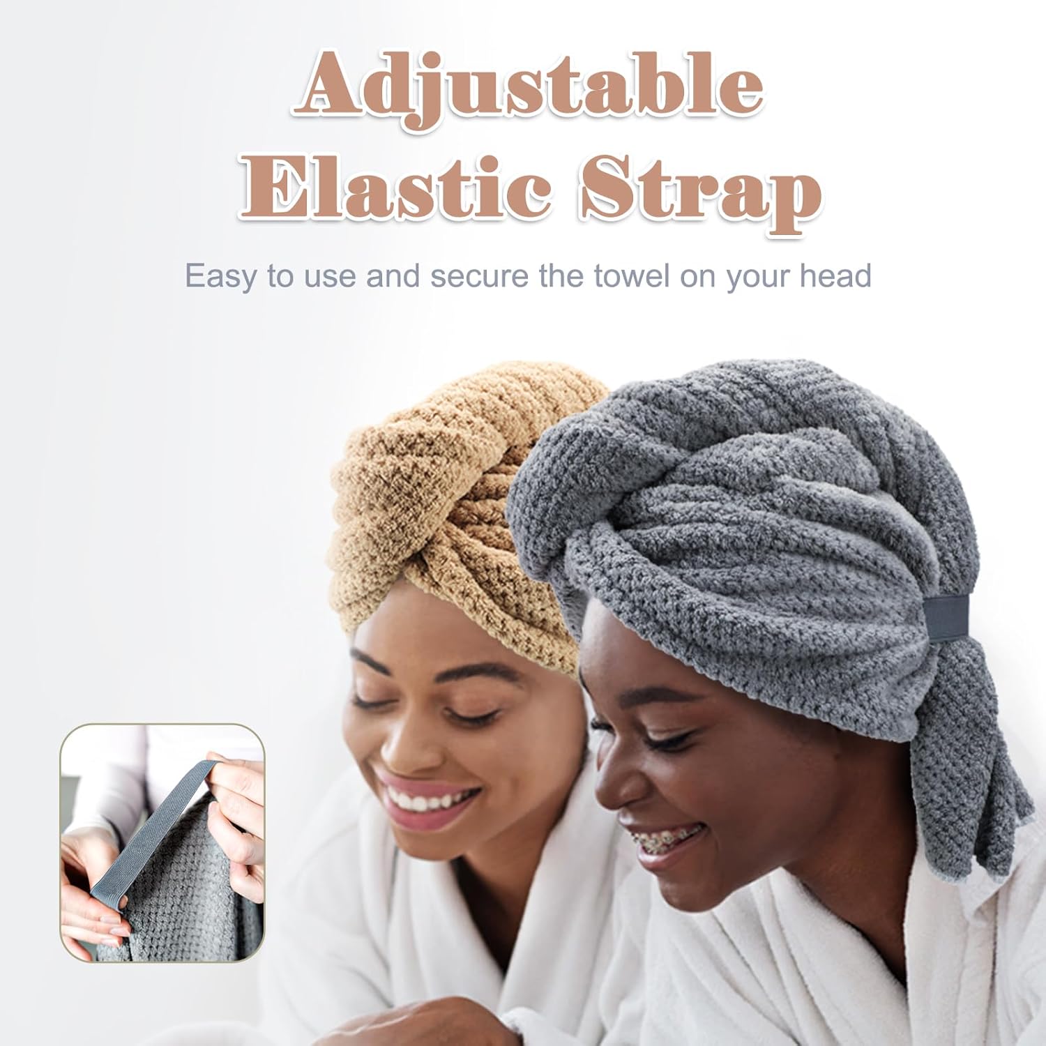 FREATECH 2-Pack Large Microfiber Hair Towel with Elastic Band
