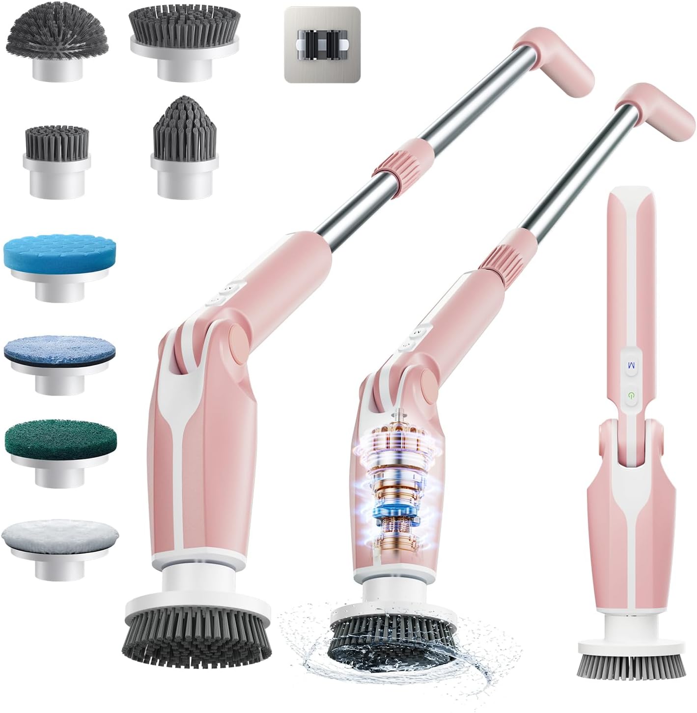 Leebein Electric Spin Scrubber with 4 Angles Remote Control - 8 Brush Heads Pink
