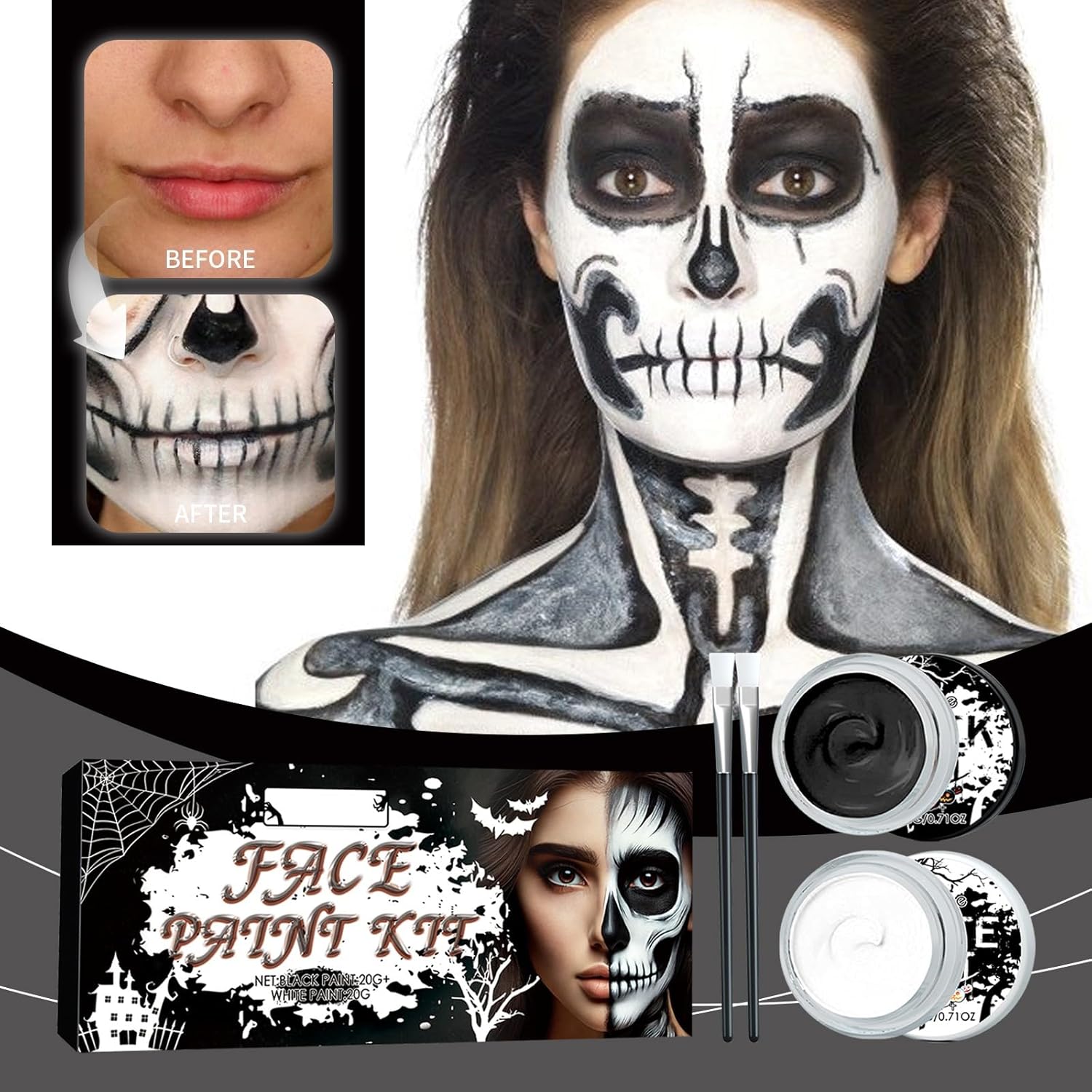 Halloween Face Paint Kit - Black White Full Coverage Cosplay Makeup
