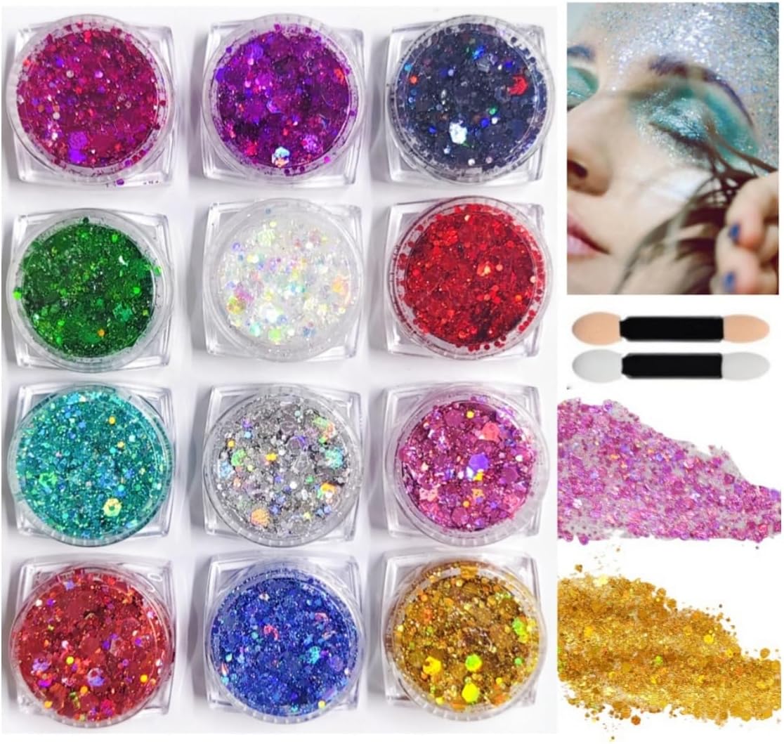 12 Colors Body Glitter with 2 Makeup Brushes