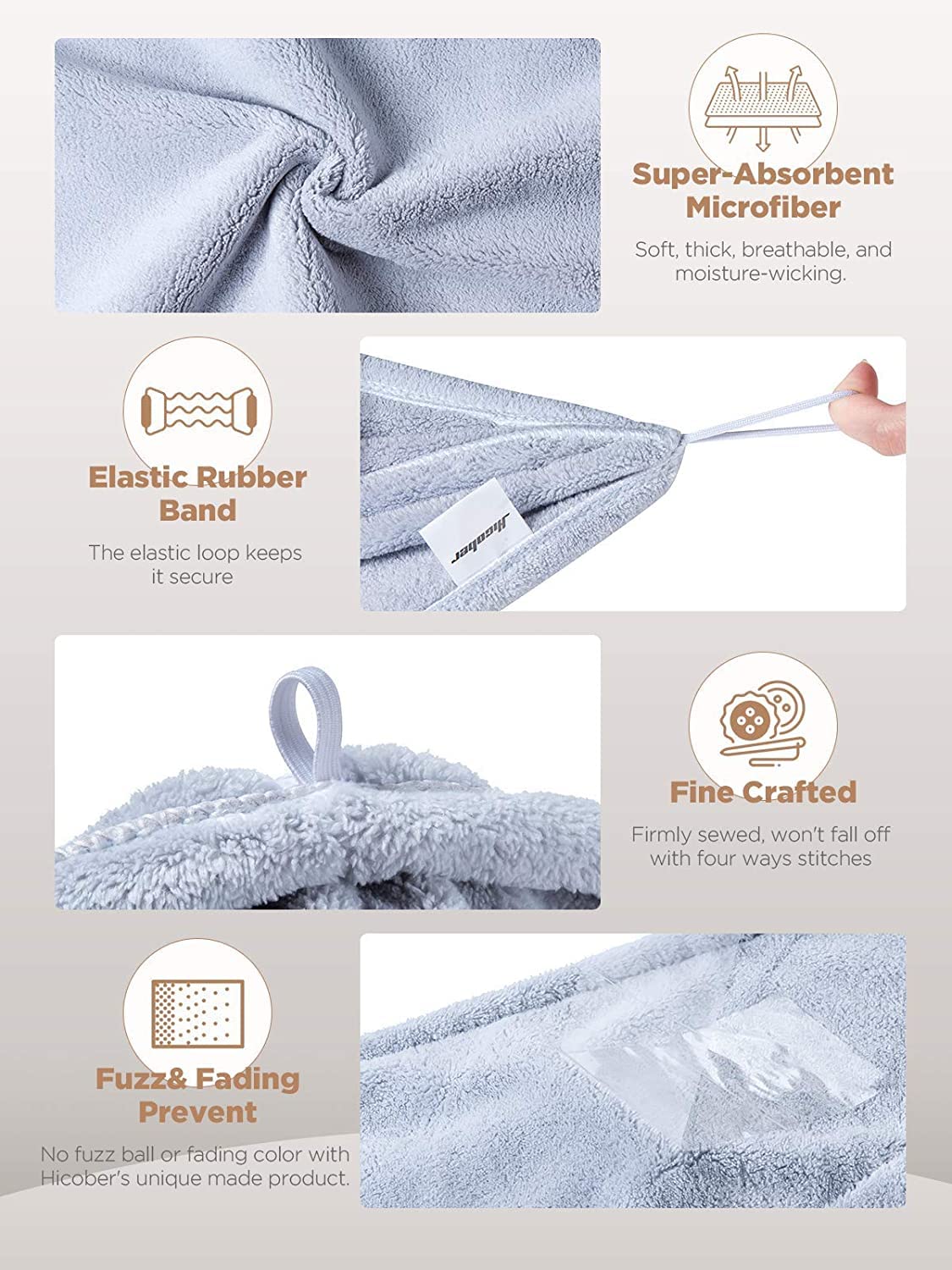 Hicober Microfiber Hair Towel Set 3-Pack Anti-Frizz Drying Wrap