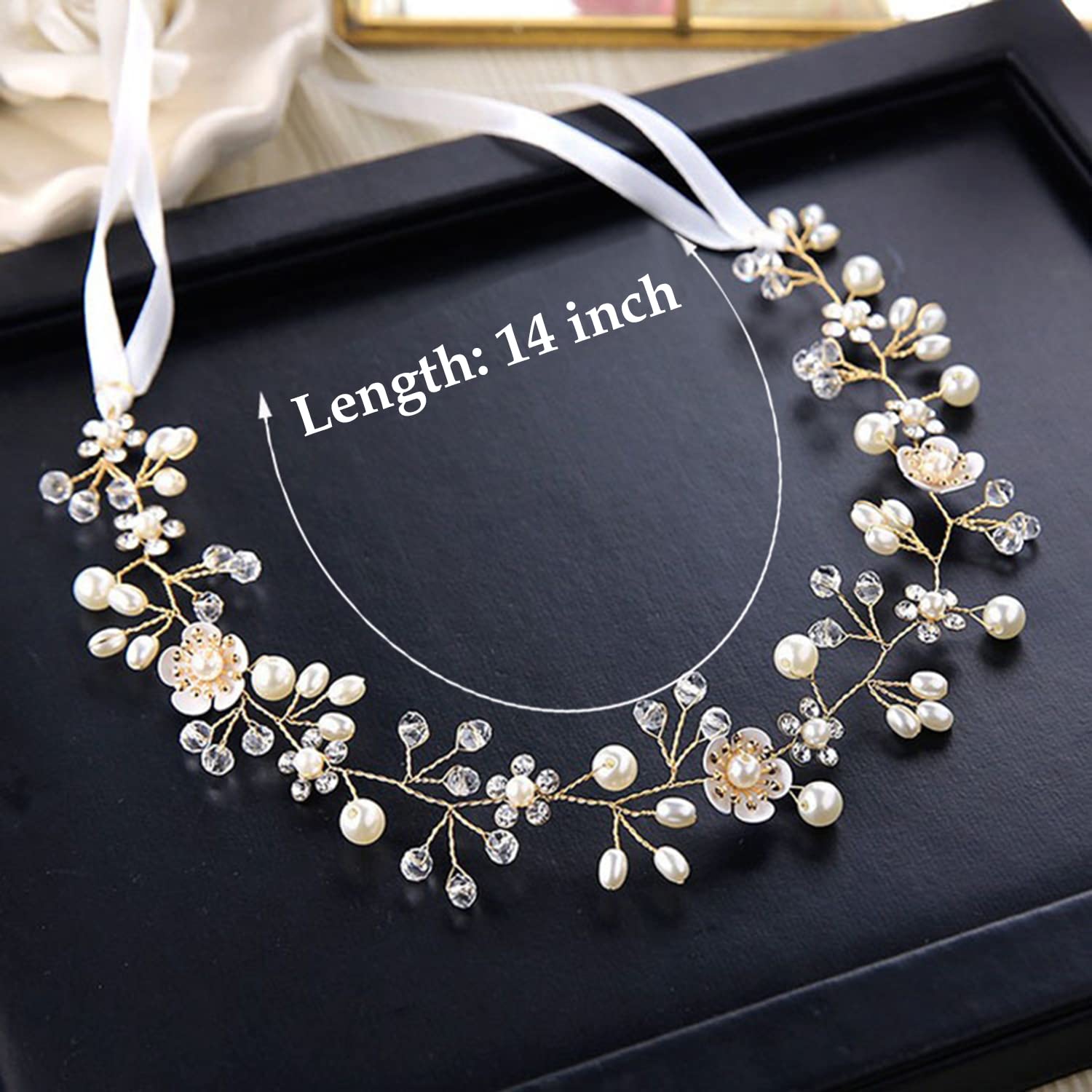 KAYZON Bridal Pearl Flower Headband Gold