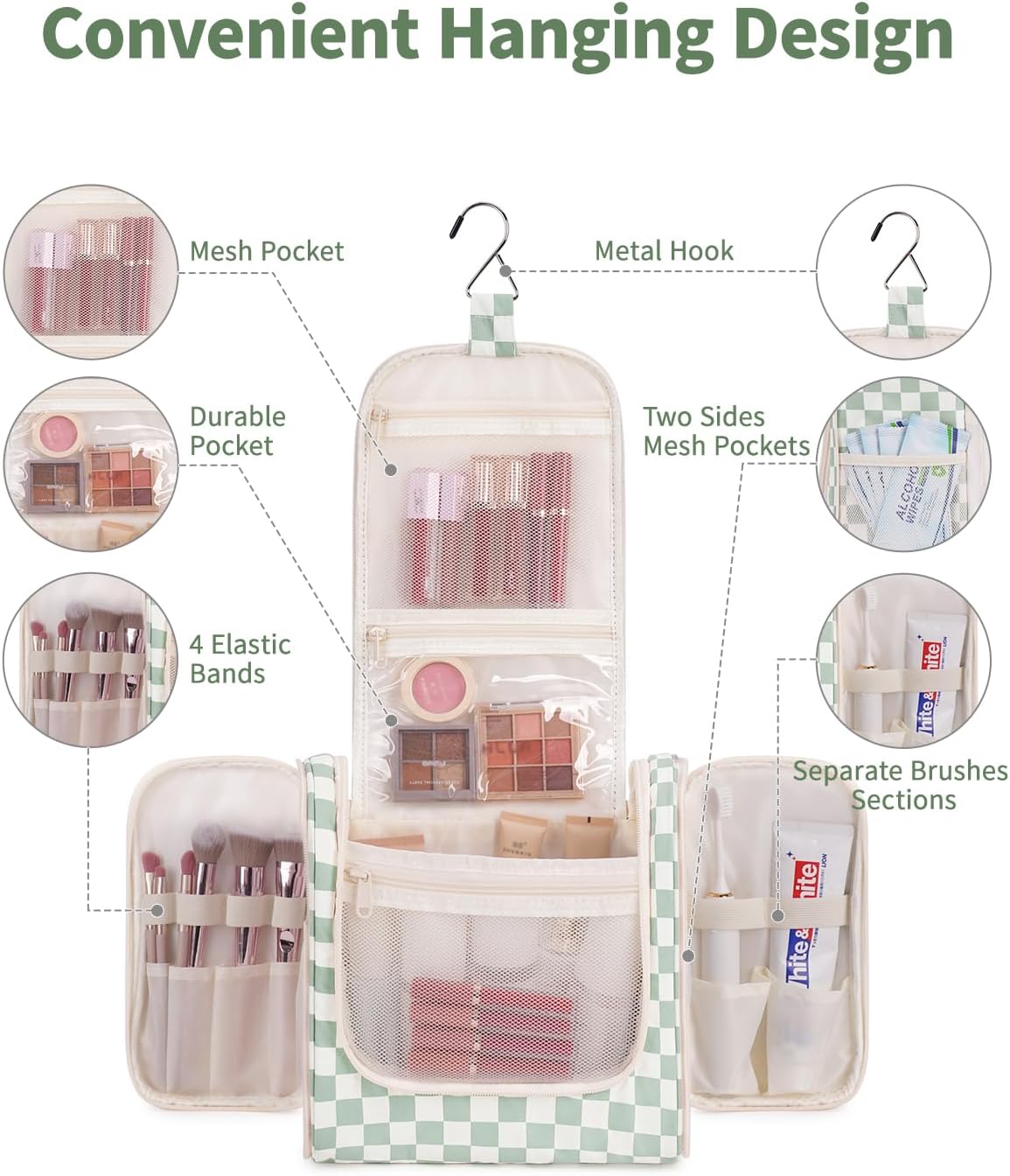 Narwey Checked Hanging Travel Toiletry Bag for Women