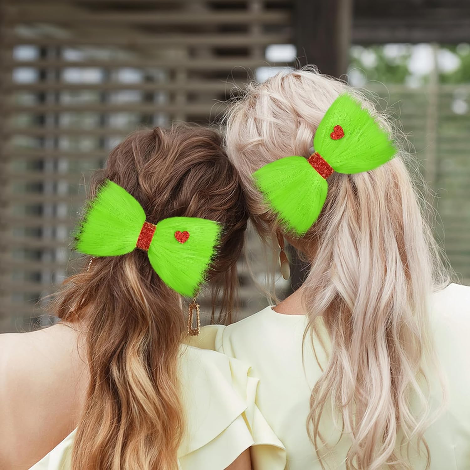 7 Green Furry Christmas Hair Bow Clip with Red Heart
