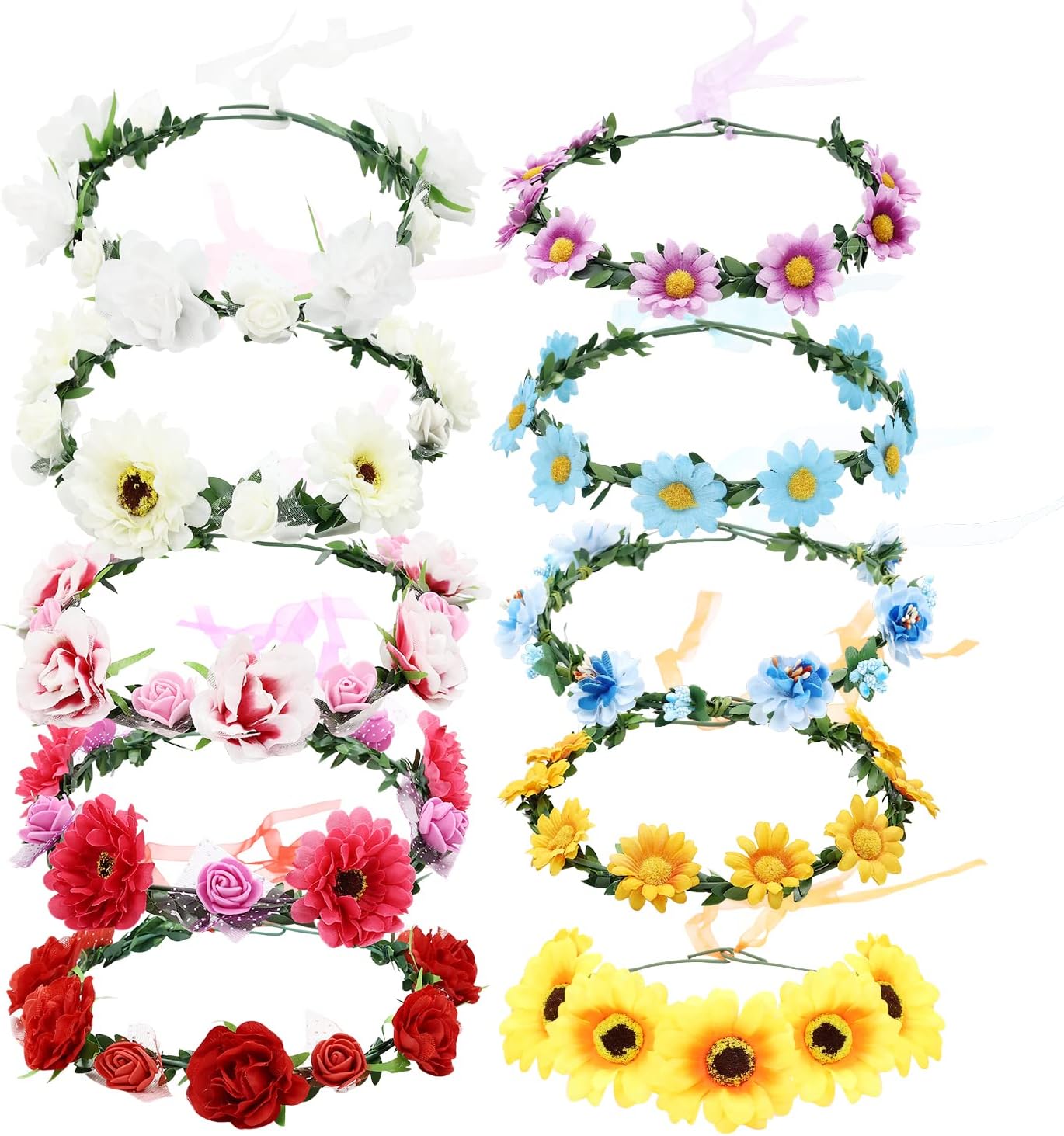 Lawie 10 Pack Boho Flower Crowns with Ribbon