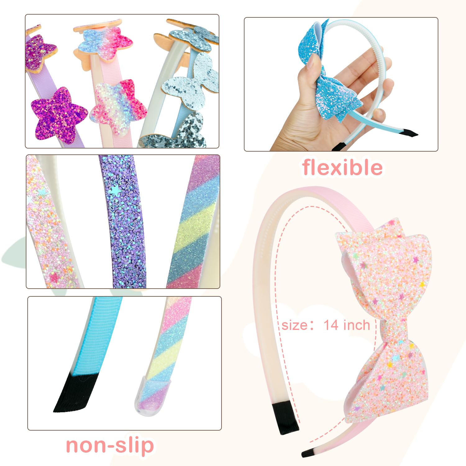 Deoot Glitter Headbands for Girls 8-Pack Butterfly Bow Style