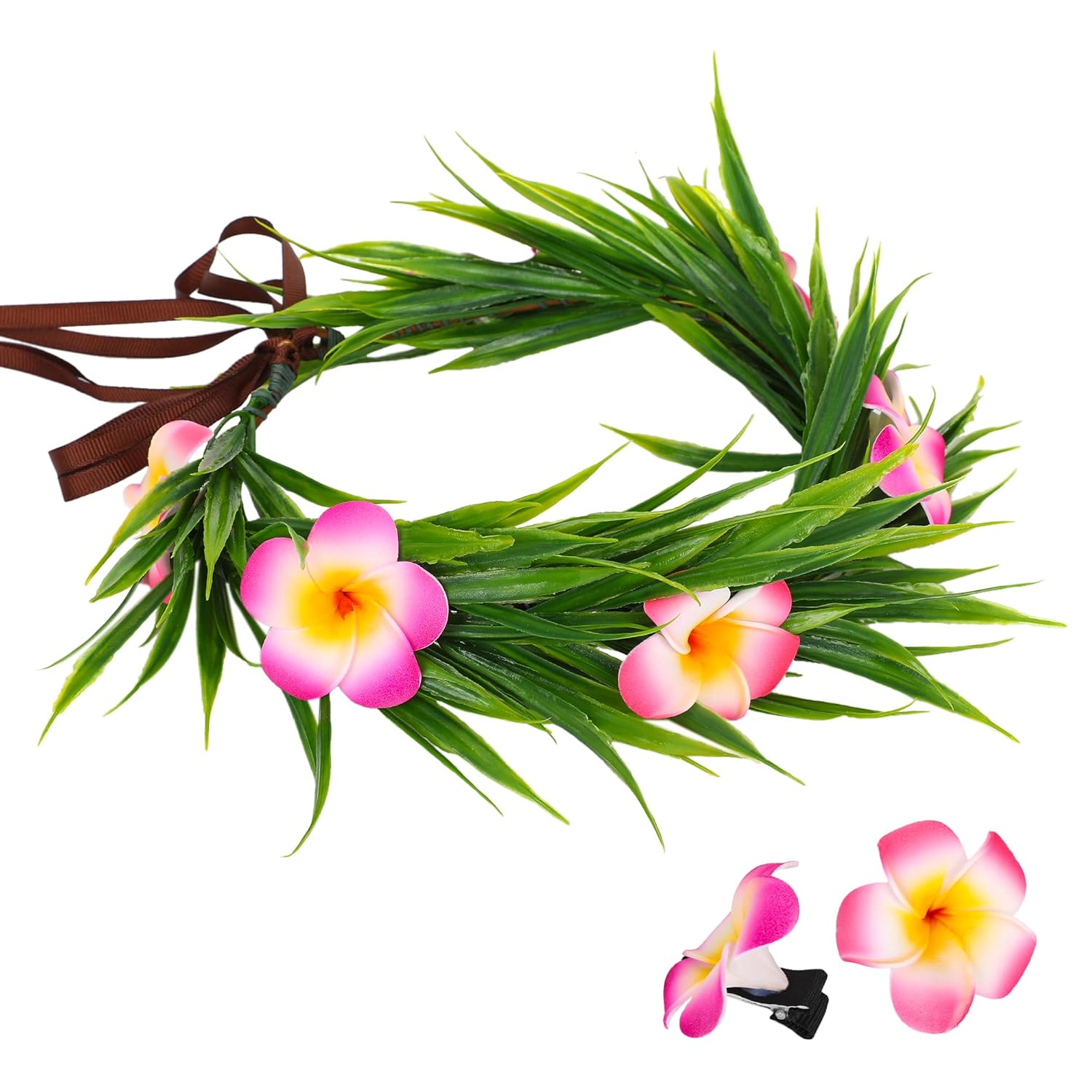 Hawaiian Flower Crown Headband - 3 Pcs Plumeria Hair Clips