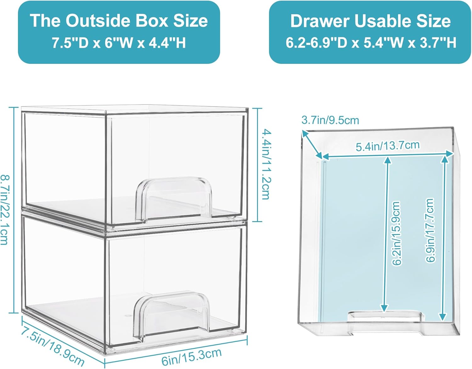 Vtopmart 2 Pack Stackable Clear Storage Drawers
