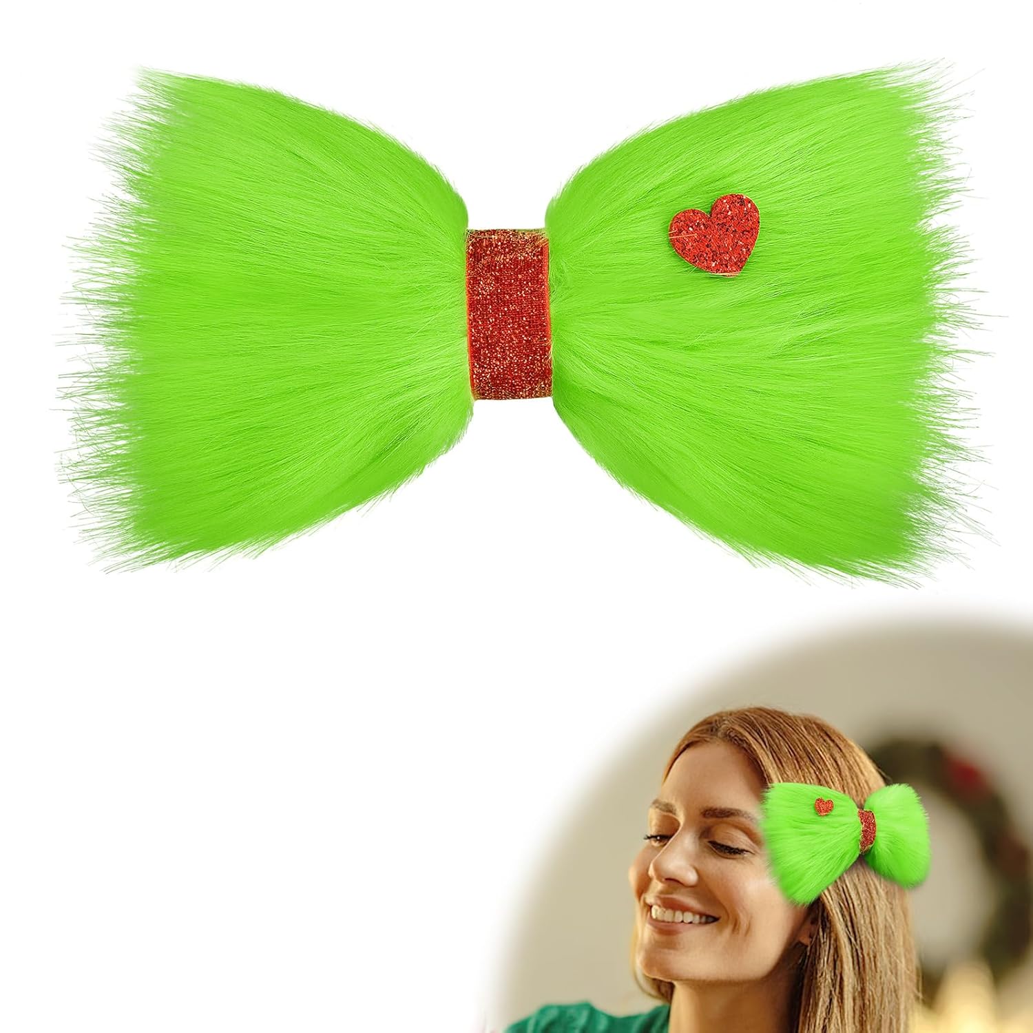 7 Green Furry Christmas Hair Bow Clip with Red Heart