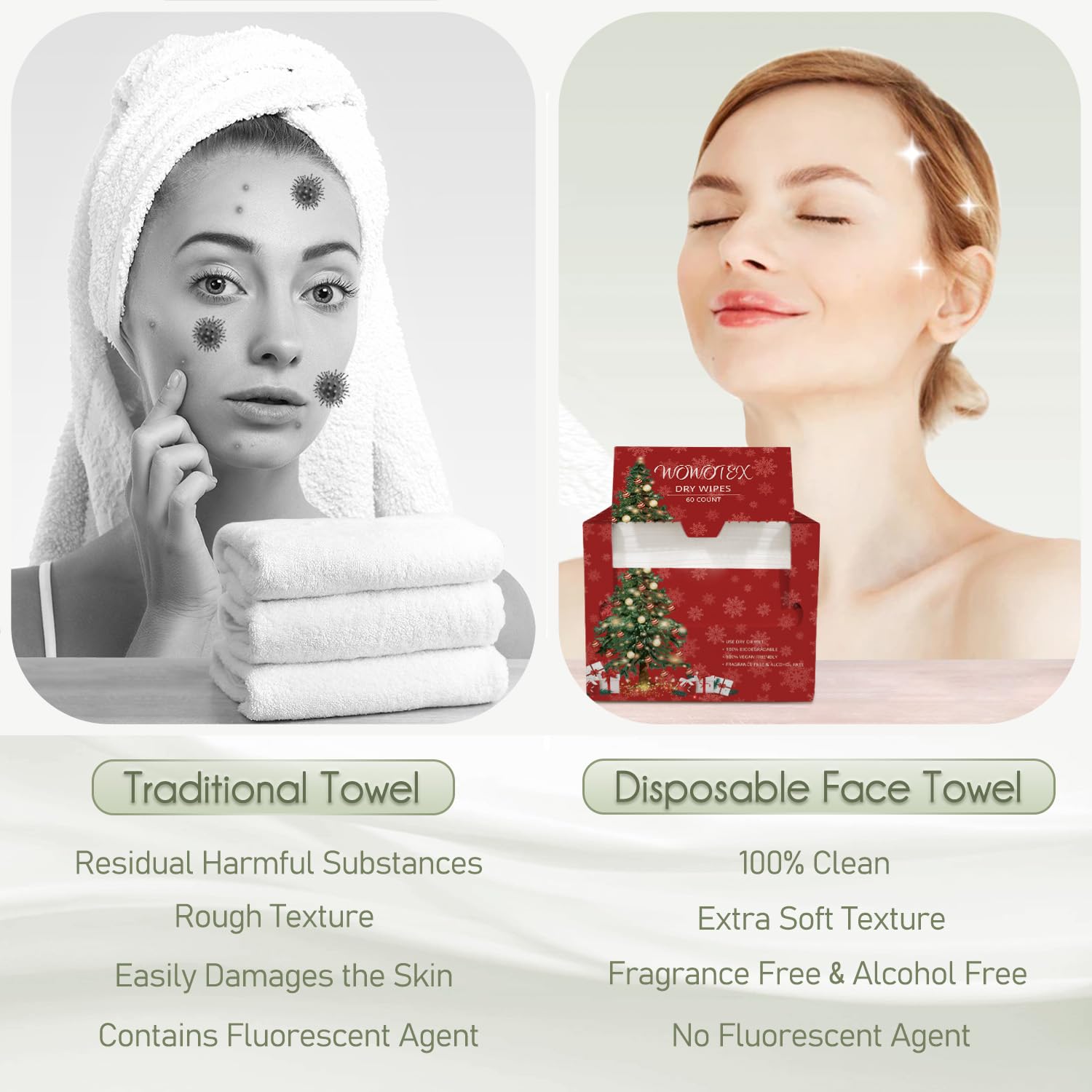 WOWOTEX Biodegradable Face Towels 60 Count Extra Thick Soft 10x12 Inches