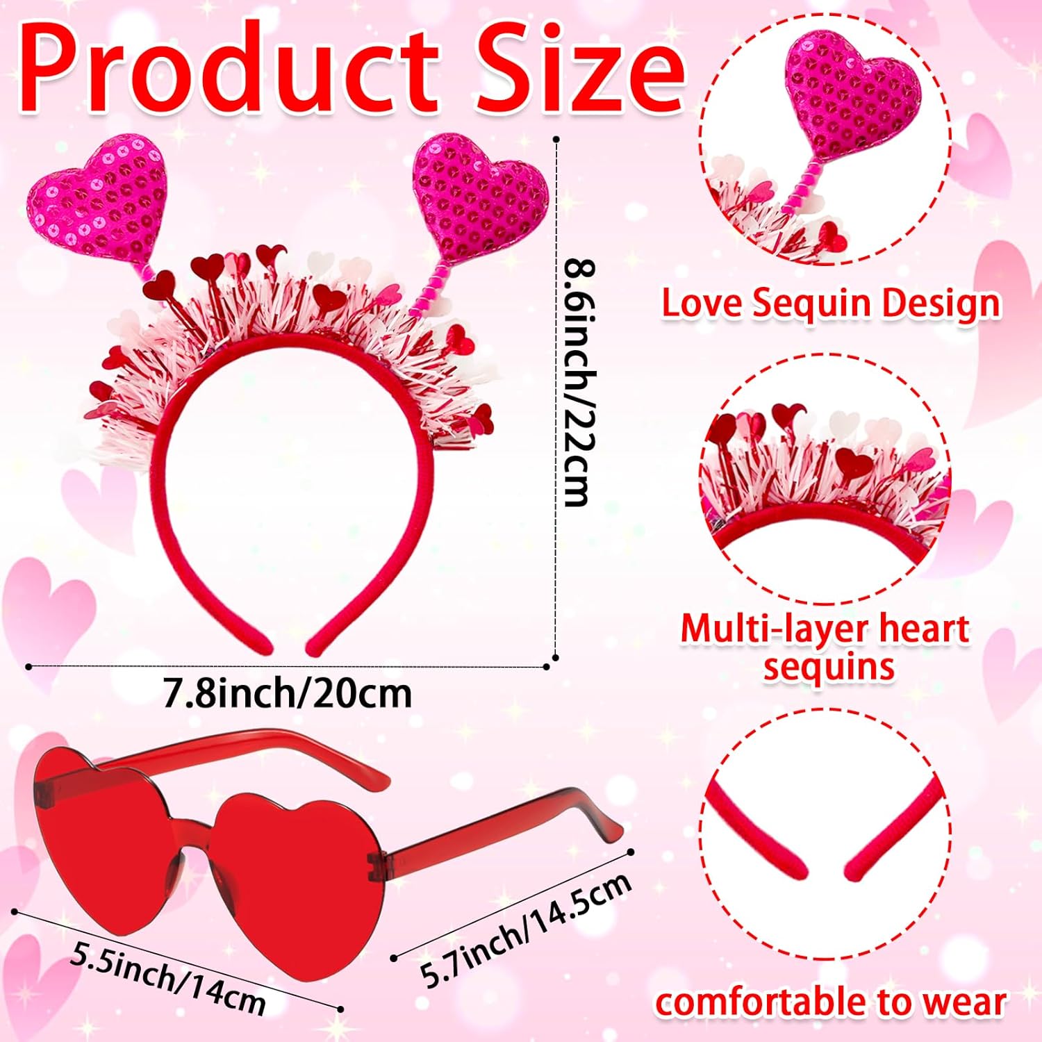 12 Pcs Heart Headband and Glasses Set for Valentine Party