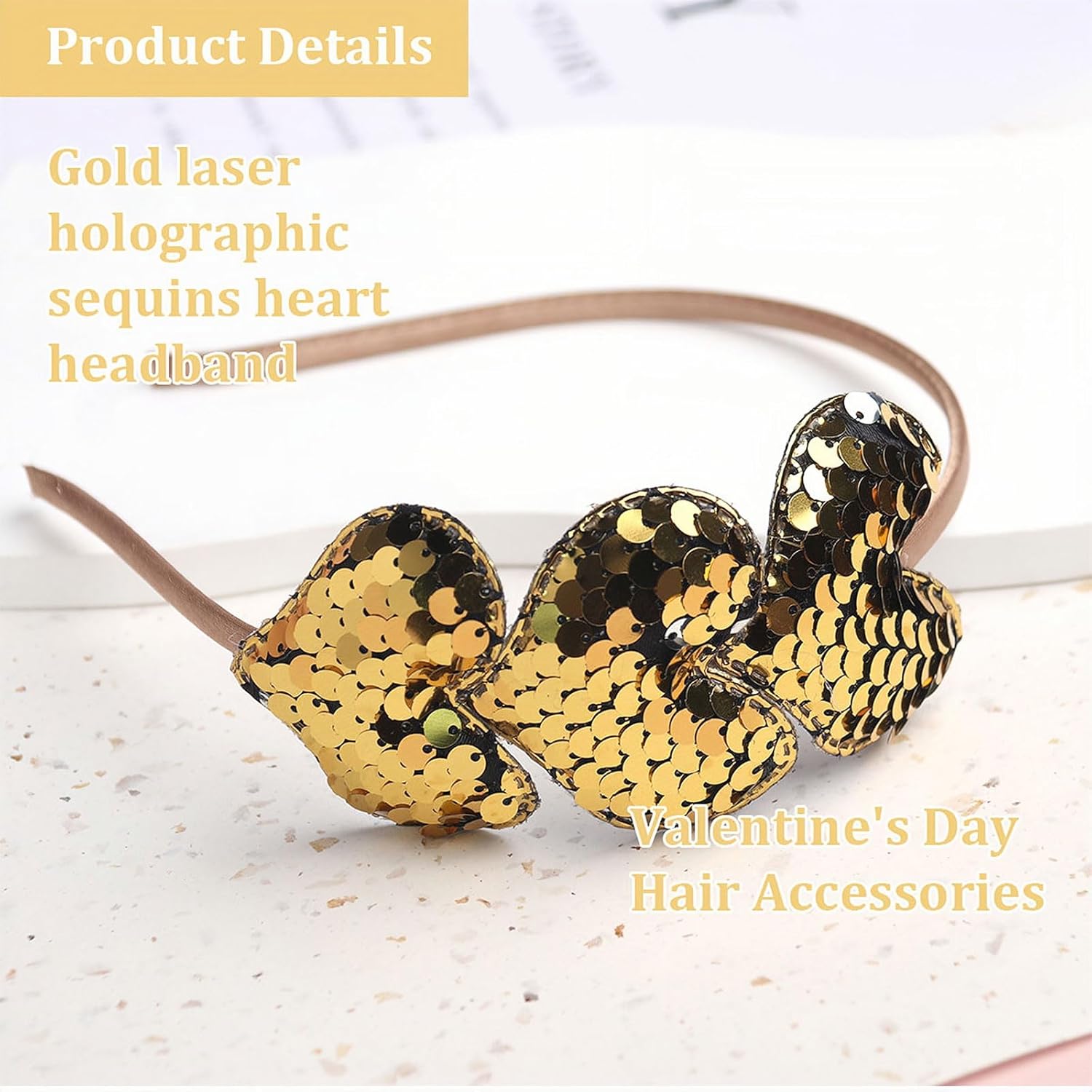 Gold Sequins Heart Headband for Women Girls Kids