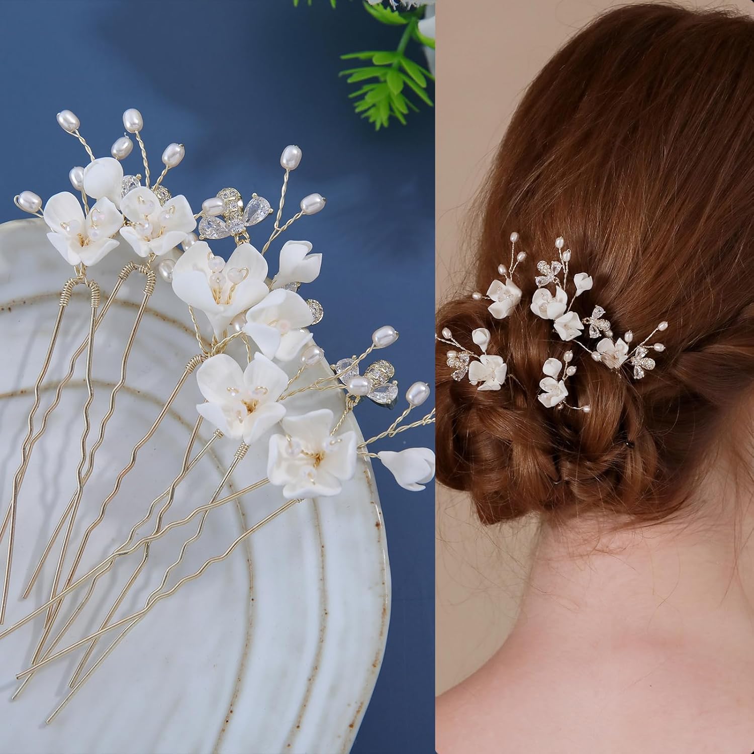 Handmade Wedding Hair Pins 5Pcs White Flower Zircon Pearl Clips