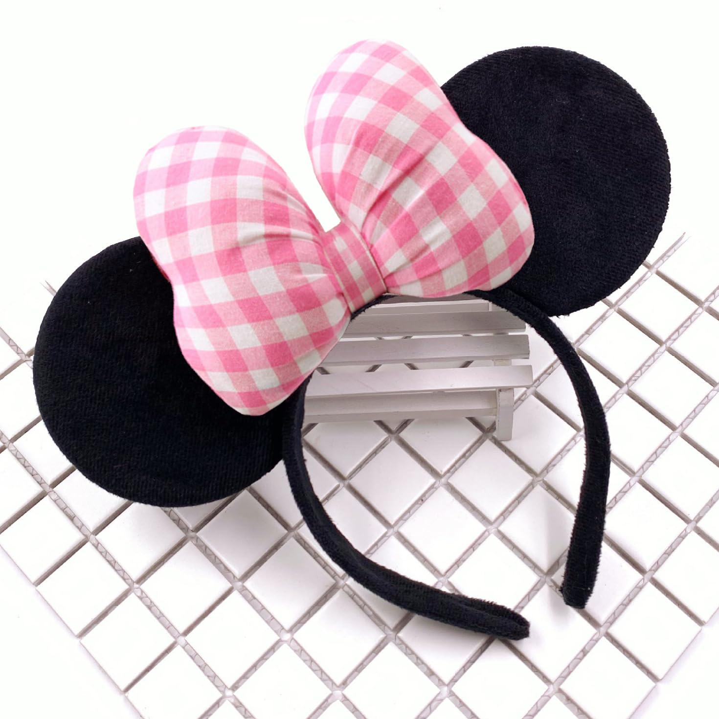 Dolebao 3D Mouse Sequin Ears Headband - Pink and White Plaid
