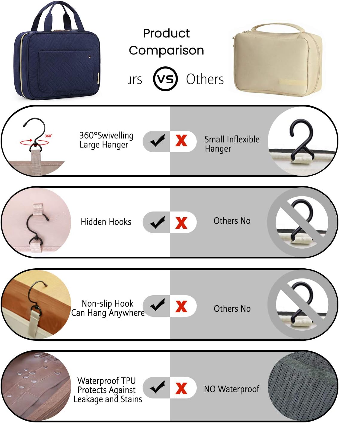 BAGSMART Toiletry Bag with Hanging Hook and 4 Compartments