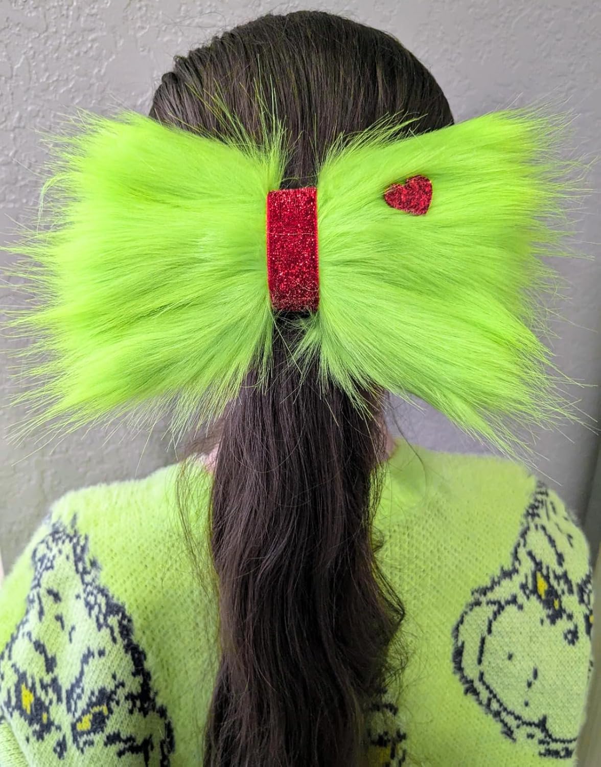 7 Green Furry Christmas Hair Bow Clip with Red Heart